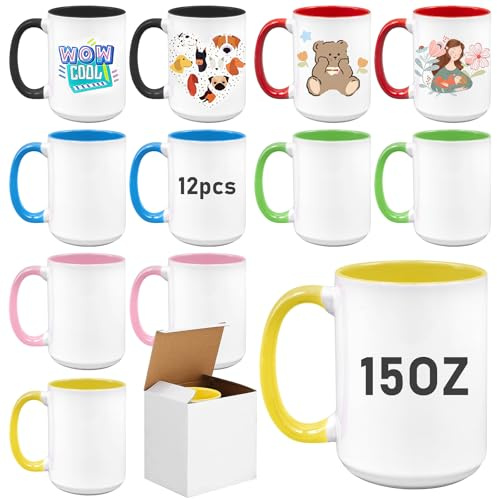 12er Set Sublimationsstassen Rohlinge mit farbigem Henkel & Innenseite, 15 oz / 450ml Große Kaffeebecher Keramik für Tassendruck,AAA Coated Fototassen Set inkl. 12 Einzelkartons für DIY Geschenke