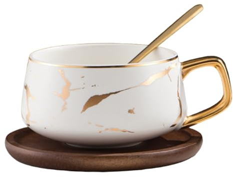 Joygoodta Tazas de café, taza de café de cerámica de 400ml con platillo y cuchara de madera, tazas y platillos con patrón de mármol para el hogar, restaurante
