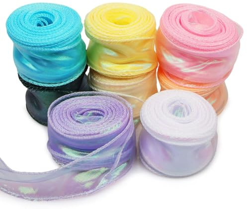 HX-pyahgtv 8 Rollen Farbe Organzaband, 40mm x 9m Durchscheinendes Glitzer Geschenkband, Seidenband Geschenkbänder stoffband Dekoband für Hochzeit, Basteln, Blumenstrauß, Weihnachten