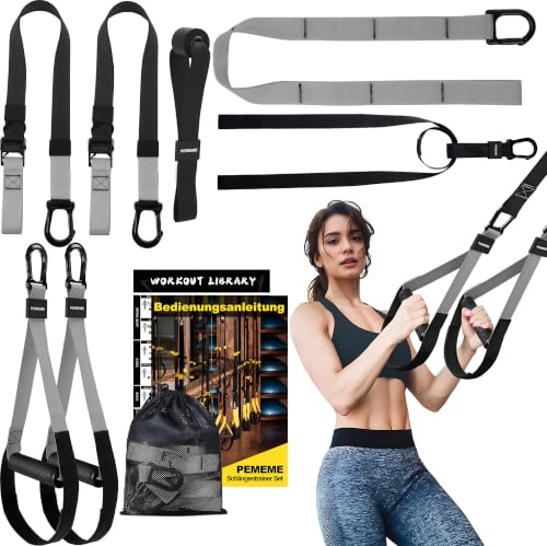 Schlingentrainer für Zuhause, verstellbaren Gurten für Ganzkörpertraining | Slingtrainer für Körpergewichtstraining Zuhause & Outdoor | robusten Gurten | Türanker, Griffe, Netzbeutel & Übungsanleitung