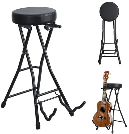 Foldable Guitar Stool with Padded Seat, Collapsible Guitar Chair with Built In Guitar Stand, Retractable Hook Foot Rest, Musician Performance Stool, for Acoustic, Electric Bass, Guitars (Black)