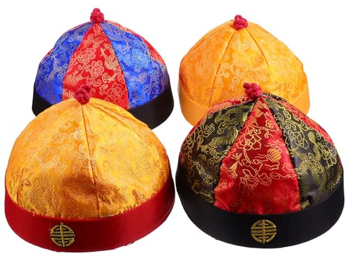 GOOHOCHY Lot de 4 Chapeaux D'empereur Chinois Traditionnels Qing avec Tresses, Taille 7, Couvre-chefs Vintage pour Costumes, Accessoires de Déguisement et Cosplay, Chapeaux de Performance