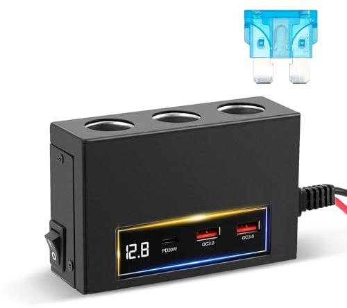 12V Steckdose Verteiler mit 3-Fach Zigarettenanzünder, Metallgehäuse mit LED Voltmeter, 1x PD30W USB C 2X QC3.0 USB A, 15A Sicherung 2M 2.5mm² Kabel, MAX 360W mit Schalter für Autoladung Camping