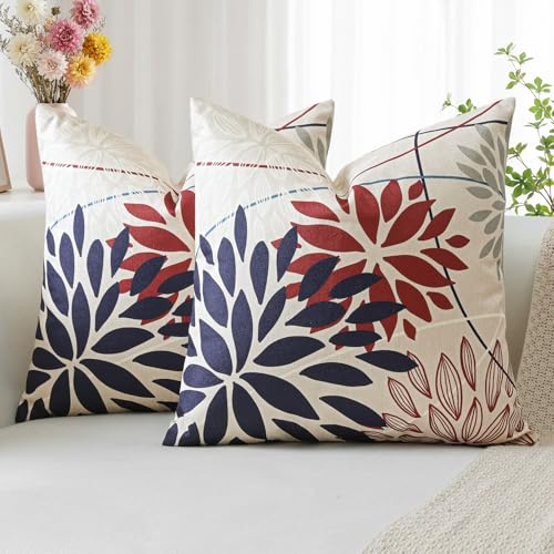 Artscope 2er Set Blau Rot Dahlien Blumen Kissenbezüge 50x50cm, Frühling Moderne Elegante Blume Geometrisch Muster Kissenhülle für Sofa Schlafzimmer Wohnzimmer Außenbereich Deko