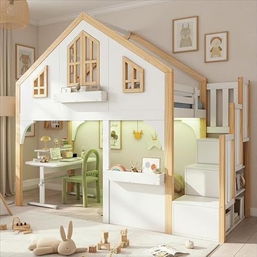 BEJUDYTT Etagenbett, Hochbett, Kinderbett, Holzbett, Hausbett 90x200cm mit L-E-D und Stauraumtreppe, Fenster-Form, weiß+Naturfarbe