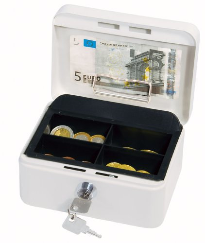 Wedo 145100H Geldkassette (aus pulverbeschichtetem Stahl, versenkbarer Griff, Geldnoten- und Belegeklammer, 4-Fächer-Münzeinsatz, Sicherheits-Zylinderschloss, 15,2 x 11,5 x 8,0 cm) weiß