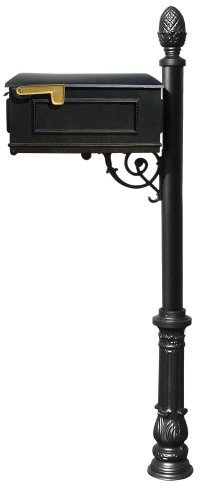 Qualarc Lewiston Cast Aluminum Post Mount Mailbox with Aluminum Mailbox, Ornate Base and Pineapple Finial, Black, Ships in 2 boxes
