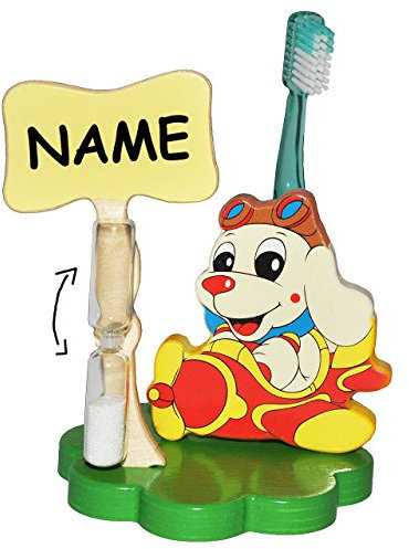 alles-meine.de GmbH Zahnbürstenhalter/Zahnputzuhr - Hund im Flugzeug incl. Name - mit Sanduhr + Zahnbürste - aus Holz - Badezimmer Bad Kinderzahnbürste/Mädchen Jungen - Tiere..