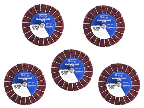 5 Stück Fächerschleifer mit Vlies-Gewebekombination 60mmx50mm, 6mm Einspannschaft, Körnung: 80 - Schleifmopstift, Lamellenschleifer, Schleifmop Schleifvlies, Lamellenrad mit Schaft.