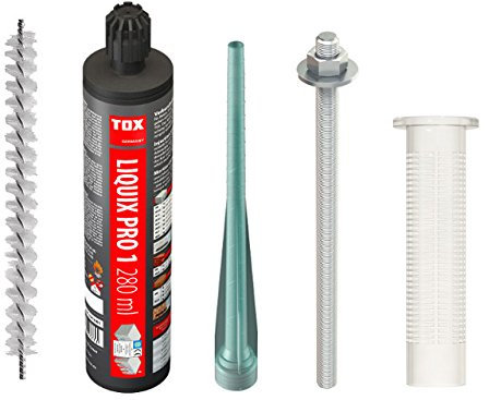 TOX Schwerlast Befestigungsset M16 Verbundmörtel Liquix Pro 1 styrolfrei 280 ml + 2 x Statikmischer + 4 x Gewindestange M16/190 + 4 x Siebhülse 20/85 + Zylinderbürste