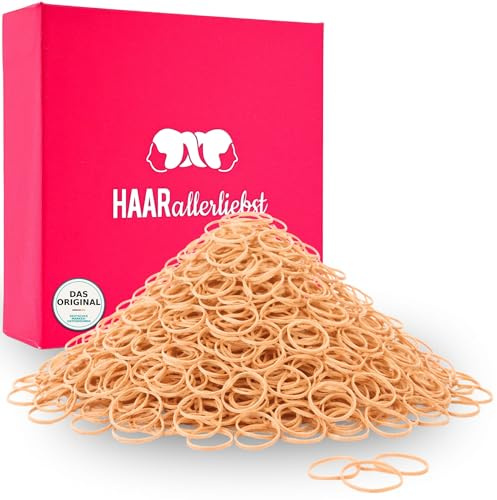 HAARallerliebst Haargummis klein – 250 Mini Haargummi (beige, 1 cm) – Dünne Gummibänder für Haare und Bart – Kleine Haargummis inkl. Schachtel
