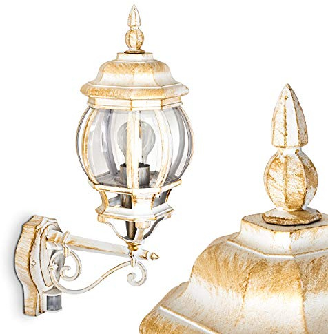 HOFSTEIN Außenwandleuchte Lentua, Außenwandlampe mit Bewegungsmelder aus Metall/Kunststoff in Weiß-Gold/Klar, Wandleuchte Up im Retro/Vintage-Design, E27, IP44, Eingangsbereich, Terrasse, Haustür, Hof