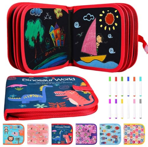 Funkprofi Malbuch für Kinder mit 12 Stiften, Malbuch Kinder ab 2, Reisespiele Kinder, Graffiti-Zeichenbrett, Graffiti-Buch, Wiederverwenderbar, Tragbar, Abwischbar, 14 Seiten (Dinosaurier-Welt)