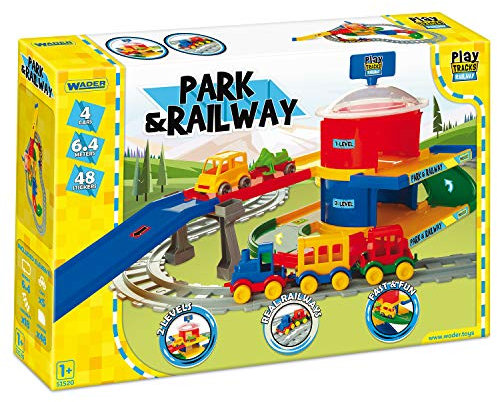 Wader 51520 - Play Tracks Railway Parkhaus und Eisenbahn, Set aus Schienen und Straße mit ca. 6,4 m Länge, inkl. 4 Fahrzeugen und 48 Stickern, ab 12 Monaten, ideal als Geschenk