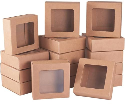 BENECREAT 20 Packungen Quadratische Kraftpapier Schubladenboxen mit Fenster 9 x 9 x 3 cm Papier Geschenkboxen für Party Gegenstände