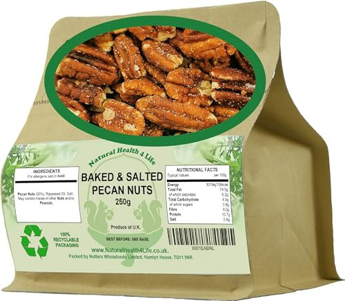Natural Health 4 Life Baked and Salted Pecan Nuts 250g, Vegan, Gluten Free, High Protein and Fibre, Low Sugar Snack Nuts in Recyclable Foil Lined Pouch (1 Pouch)