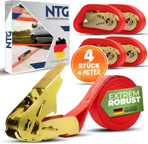 NTG Spanngurte mit Ratsche - 800kg Kapazität - 4m lang 4 Stück - 25mm breit - TÜV GS zertifizierte Ratschengurte - Stabile & Wetterfeste Zurrgurte mit Ratsche - DIN EN 12195-2 | Ratschengurte zertifiziert stabil wetterfest - Zurrgurte Ladungssicherung - LKW Anhänger Transporter Kfz