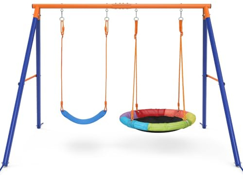 Amictoy Swing Set for Backyard with Stand - Heavy Duty 440lbs Metal A-Frame Outdoor Playset with 32 Saucer Swing & 26.2 Seats