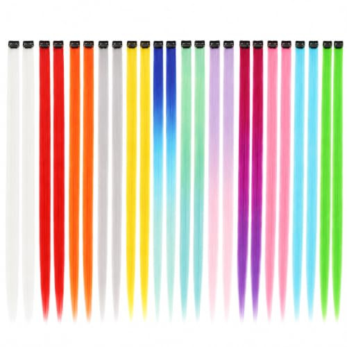 Vebetter 24 Stück Bunte Clip-In Haarsträhnen, 55 cm Regenbogen Extensions | 24 farbige Clip-In Haarsträhnen, 55 cm lang – einfach einzuklipsen für Party, Festival, Fasching und kreative Frisuren.