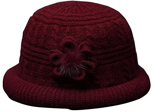 Jingyun Wintermütze für Frauen Weich gefütterte Wintermütze für Erwachsene Ältere Bequeme Warme Strickmütze-Weinrot