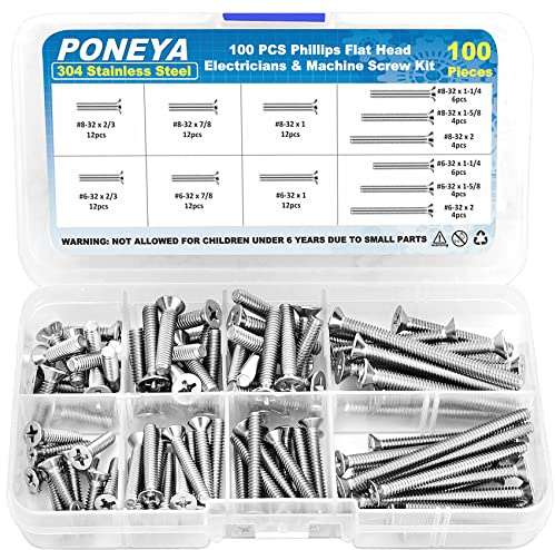 Machine Screws, 100 PCS Phillips Flat Head Electricians Screw Kit #6-32#8-32 Extra Long 304 Stainless Steel Outlet Screws for Wall Plate Switch, Receptacles Mounting Screws with Storage Case