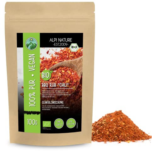 Alpi Nature BBQ Rub Chili BIO 100g, Miscela di Spezie per Barbecue, Marinata al Peperoncino