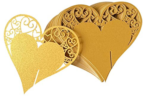 Fayemint 50 Piezas Tarjeta Copa Corazón, Hueco Tarjetas Lugar, Dorado Tarjetas de Lugar Nombre, para Fiestas de Boda, Decoración de Copas de Vino (Dorado)