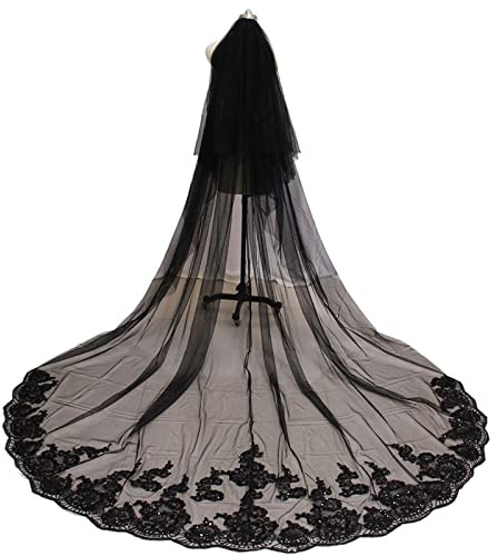 Bridal Veil, Schwarzer langer Hochzeitsschleier mit paillettenbesetzter Spitze Kathedrale Brautschleier Abdeckung Gesicht 2 Schichten 3 M Schleier mit Kamm Hochzeitszubehör ( Color : Black , Size : 35