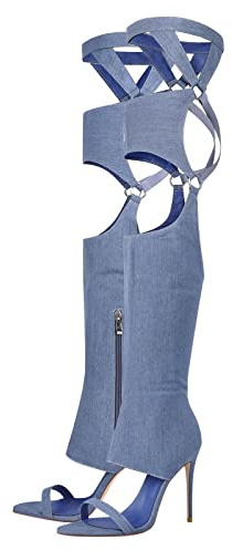 richealnini Sexy Stiletto Heels Denim Sandals for Women Open Toe Zip Up Pants Shoes Stretch Long Shaft Thigh High Heels Sandals Gladiator Party Bridal Show Cosplay Nightclub Dance Dress Blue Size 10