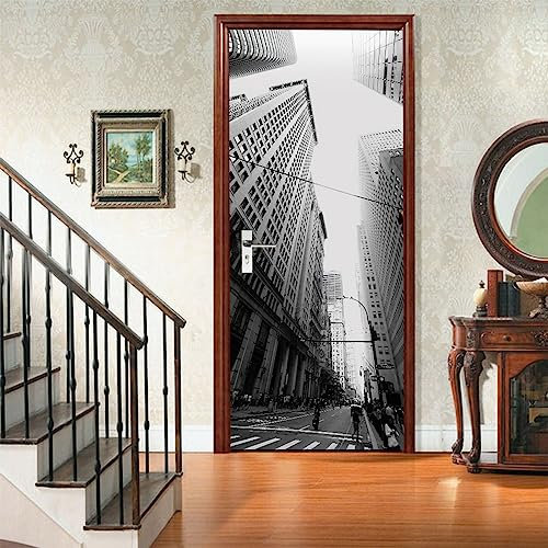 A.Monamour Türtapete Selbstklebend Türfolie Türposter 3D Manhattan-Gebäude Auf Der Straße In Schwarz Und Weiß Vinyl Folie Türdeko Tapete Wandbild Türaufkleber Türtattoo 77x200cm