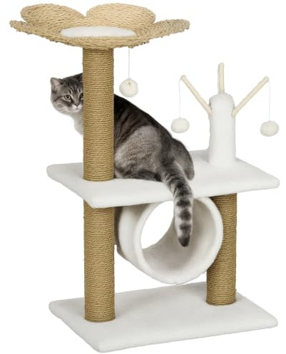 PawHut Arbre à Chat Griffoir Sisal Naturel Tunnel 56 x 40 x 91cm Beige | Plateforme, Style Cosy Chic, Quenouille, Peluche Polyester