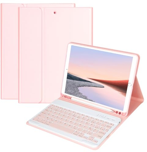 HOTLIFE Clavier Coque pour iPad 9/8/7ème Gén 2019-2021/Air 3 2019/Pro 10.5 | AZERTY Français Amovible Clavier Bluetooth Sans Fil Etui avec Porte Crayon&Réveil/Sommeil Automatique pour iPad 10.2-Rose