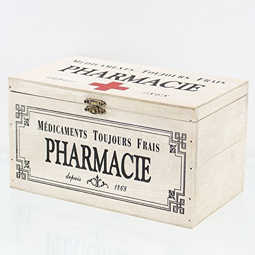 F1885 FRANK FLECHTWAREN Dekobox mit Aufdruck, Holz, Metallverschluss Maße: 23 x 13 x 13 cm Box, Pharmacie Aufdruck, nostalgisch, praktisch