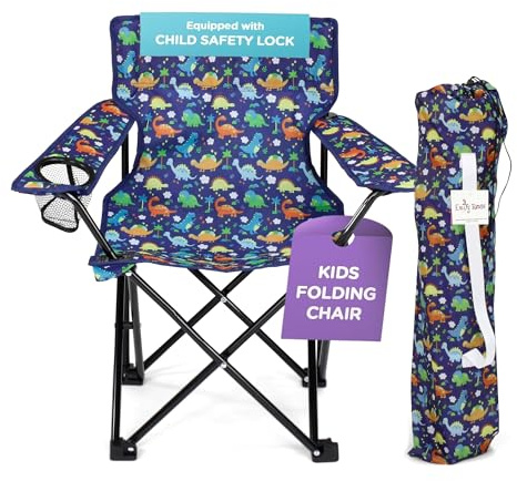 Emily Rose Playful Dinosaurs Kids Folding Camp Chair - Lightweight Portable Toddler Beach Chair Ages 2-7 with Safety Lock Cup Holder Carry Case 125 lb Capacity for Boys Girls Indoor Outdoor Adventures