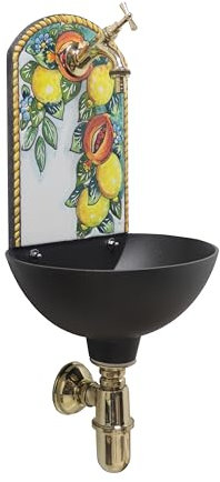 Wandbrunnen Petra mit handbemalter Front aus Lavastein mit Zitronen und Granatäpfeln verziert, Schale aus Aluminium, komplett mit Wasserhahn und Siphon (Messing poliert)