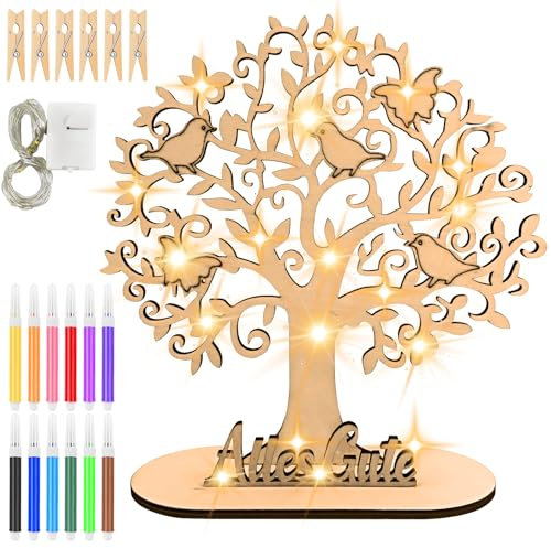 Hengxinchen Geldbaum aus Holz mit LED Lichterkette, Geldbaum Geschenk aus Holz, Lebensbaum Deko, Geldgeschenke Geburtstag, Geldgeschenk Hochzeit Personalisiert für Männer Frauen Brautpaar