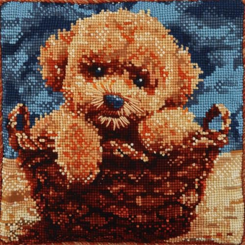 RKFLGEW DIY knüpfen set kissen Pudel Tier knüpfhaken set Hund und Blumenkorb DIY-Kissenbezug，Häkelgarn，Nadel，Basteln，handgefertigtes Kissen für Zuhause，Sofa-Dekoration 43x43cm