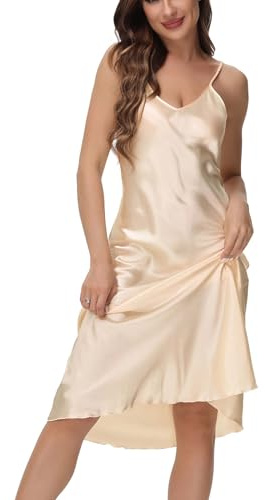 Starblazia Sexig Satin Nattklänning för Kvinnor Lång V-ringning Chemise med Justerbara Spaghettiremmar Elegant Nightie Damer Sovkläder,S,Champagne