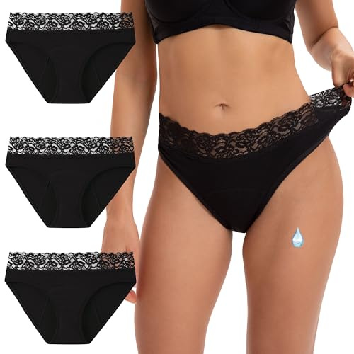 INNERSY Black Period Pants Lace Menstrual Underwear Light Flow Leak Proof Bikini Briefs Pack of 3 (18, 3 Black)