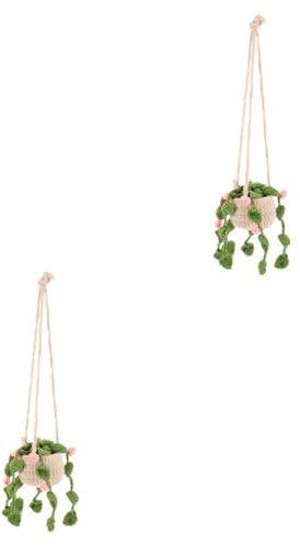 Amosfun 2pcs Car Ornament Crochet Plant Rearview Mirror Ornaments for Car Crochet Hanging Basket Decor for Interior Decor