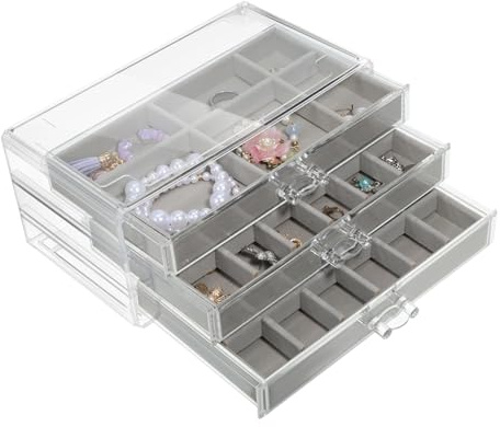 VERDANVERSE Organizer per Gioielli con Cassetti Trasparente Portaorecchini Compartmentalizzato Plastica Grigia Scatola Portagioie da Viaggio per Anelli Orecchini e Braccialetti Design