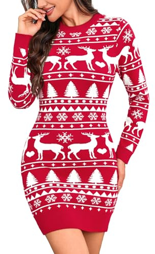 Totatuit Robe Pull de Noël Femme Ajustée Col Rond Manches Longues Élégante Chic et Confortable Hiver Mode Rouge，XXL