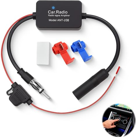 NIRJIK - Adaptador de antena para radio de coche (FM 12 V, universal, con reducción de ruido y sonido claro, 25 dB, fijación con clip rojo y pegatina