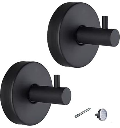 BUSORI Gancho Ventosa Baño | Colgadores Toalla Acero Inoxidable 304 | Colgador Albornoz Ventosa Extra Fuerte | Sin Taladro Pared Cristal | Tornillo Incluido | 2 Piezas. (NEGRO)