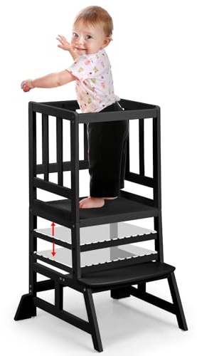 COSYLAND Tour d’Observation Montessori pour Enfant, Hauteur Réglable, en Bambou Naturel, Sûr et Stable, Chaise d’Apprentissage Bébé dès 18 Mois - Classic Black