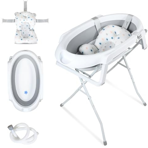 Monucep Babywanne mit Gestell,Faltbare Baby Badewanne,Babybadewanne mit Temperatursensor und Bath Mat, Babybadewanne mit gestell+Ablaufsystem,Babywanne für Neugeborene und Kleinkinder, Grau