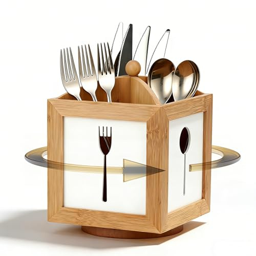 JAZUIHA 360° Drehbarer Besteckhalter aus Holz, Utensilienbehälter mit 4 Fächern, Besteckkorb für Buffet und Picknick, Besteck Organizer für Tisch und Arbeitsplatte