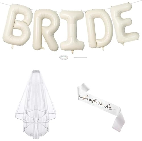 40 Inch milky white BRIDE balloon with nylon material letter banner including veil and shoulder strap, suitable for wedding, bridal party gift decoration, bridal balloon banner