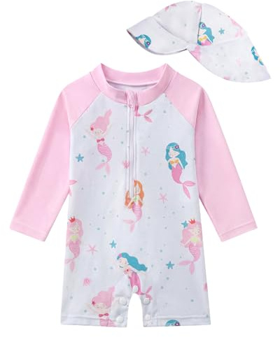 JiAmy Traje de baño para niños pequeños niñas bebé ropa UV niños protección traje de baño de una pieza traje de baño ropa de protección con sombrero para el sol, Pink Mermaid, 2-3 Años