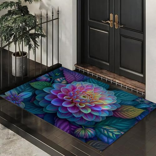 ALTCIRNMD Tappeto D'Ingresso Viola-Verde Dalia Con Foglie 3D Visuale Astratto Zerbino Antiscivolo 40X60Cm Elegante Tappetino Per Giardino Porta Anteriore E Posteriore Corridoio